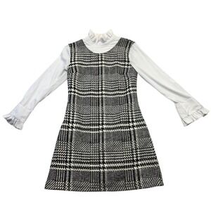 eShakti Custom Black White Houndstooth Dress Ruffle Cuffs Long Sleeve 60s Mod